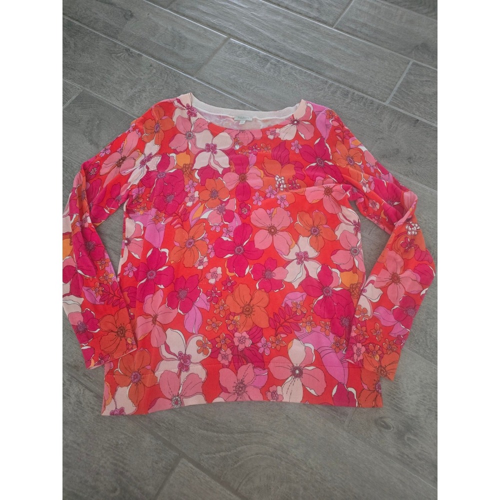 Talbots Medium Petite Floral Crewneck Sweater Pink Orange Long Sleeve Cotton